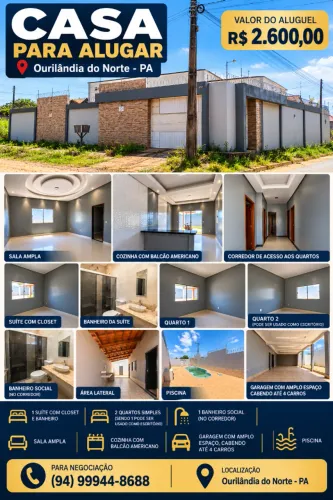 Casa para alugar em Ourilândia do Norte-PA, 04 quartos, piscina, sala e cozinha.