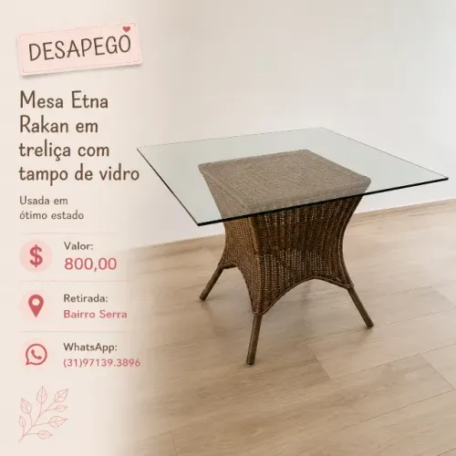 Mesa Etna Rakan em treliça e tampo de vidro 1,30x1,30m