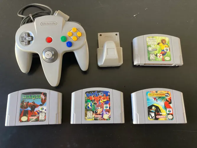 lote controle e jogos nintendo 64 originais banjo starfox super star soccer