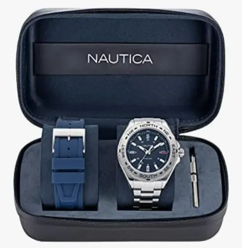 Relógio Náutica masculino pulseira de aço e pulseira de silicone azul 48mm novo