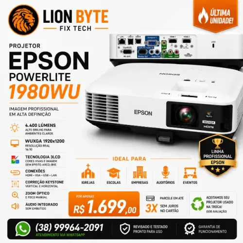 Projetor Epson PowerLite 1980WU - Profissional - Revisado e Testado