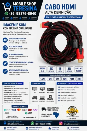 Cabo HDMI 2.0 4K Ultra HD Alta Velocidade Reforçado