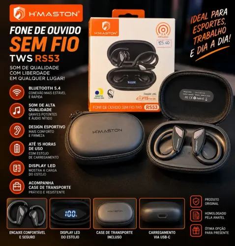 Fone H?Maston RS53 Bluetooth 5.4 TWS + Case - Novo