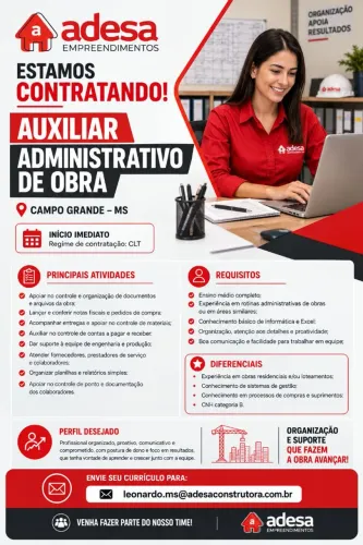 AUXILIAR ADMINISTRATIVO DE OBRA - CAMPO GRANDE/MS