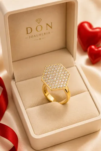 Anel Pavê Hexagonal em ouro 18k 750