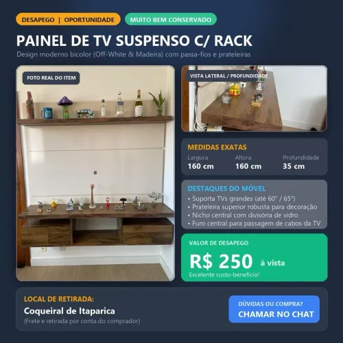 Painel de TV Suspenso com Rack e Prateleira 1,60m x 1,60m - Muito Bem Conservado