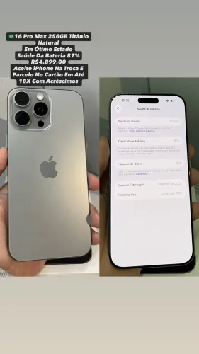 iPhone 16 Pro Max 256GB Cinza - Saúde Da Bateria 87% (Usado)