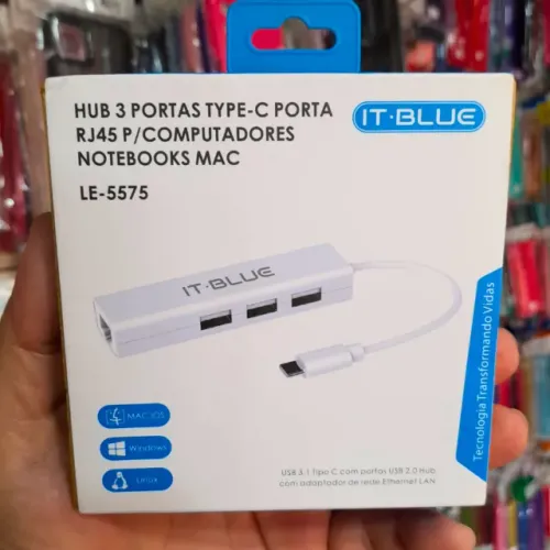 Extensão HUB 3 Portas TYPE-C Porta RJ45 p/computadores e Notebooks 