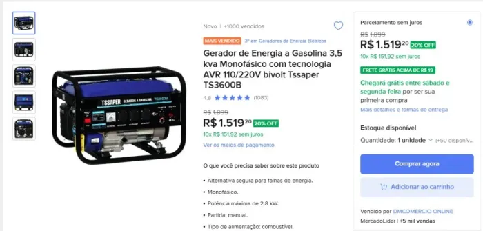 GERADOR A GASOLINA