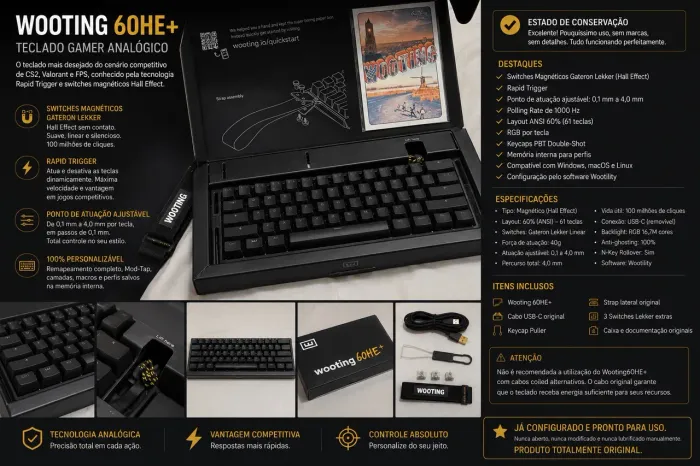 Teclado Wooting 60HE+ Hall Effect ANSI Original Impecável