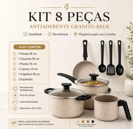 Kit 8 Peças Antiaderente Granito Bege