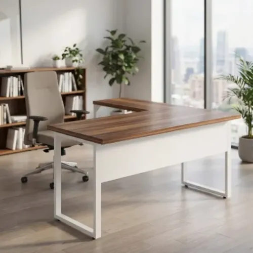 Mesa Escritório em L 1,70m Pé Quadro Nogal Sevilha Branco Amplo Espaço Trabalho Pro 34331