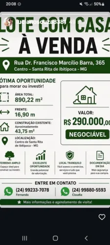 Lote e Casa a Venda Santa Rita do Ibitipoca ( Rua do Copasa)