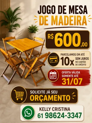 Jogo de Mesa de Madeira com 4 Cadeiras Dobráveis - Novo