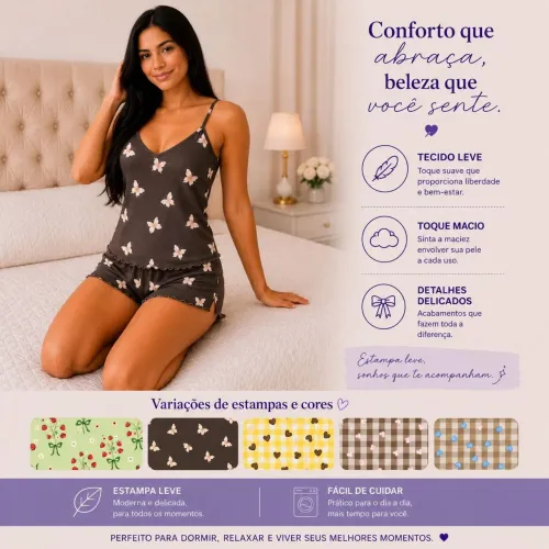 Baby Doll Feminino Short Doll de Alça Pijama Delicado P/M/G