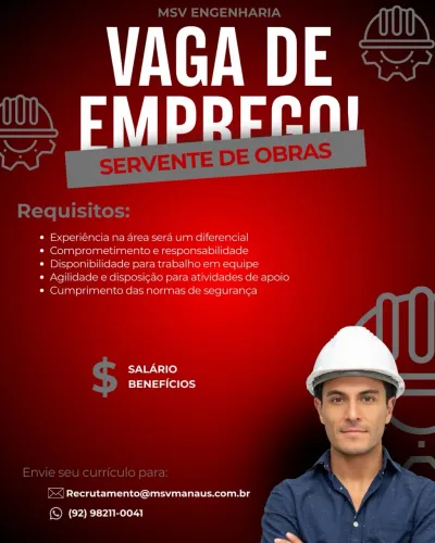 Vaga de Emprego - Servente de Obras, Artíficie, Auxiliar Administrativo de Obra