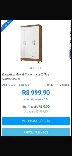 Roupeiro / Guarda-Roupa Moval Chile 4 Portas e 2 Gavetas (NOVO NA CAIXA / NUNCA USADO)