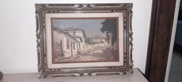 Quadro óleo sobre tela estilo colonial com moldura trabalhada