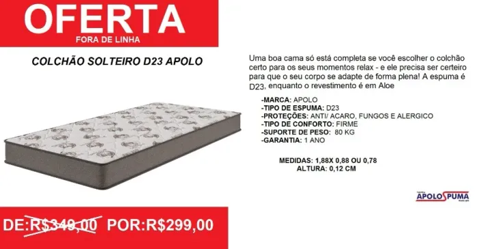 Colchão solteiro espuma d23 apolo - super oferta