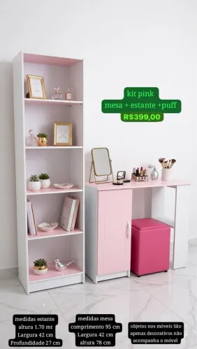 Mesa, estante e puff bau