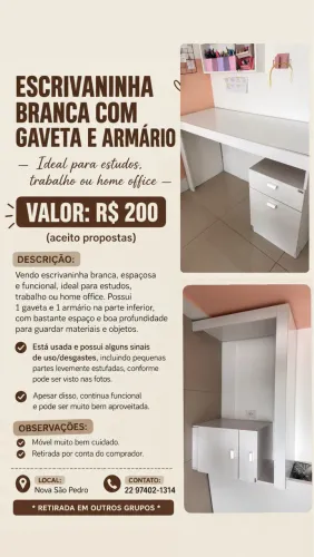 ESCRIVANINHA BRANCA COM GAVETA E ARMÁRIO