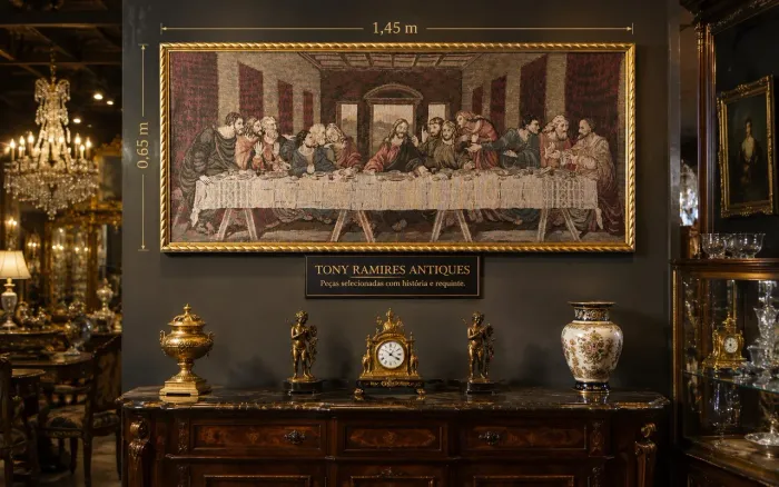 Antiga Santa Ceia, com moldura em madeira de Lei com Acabamento Dourado ? 1,45 × 0,65 m