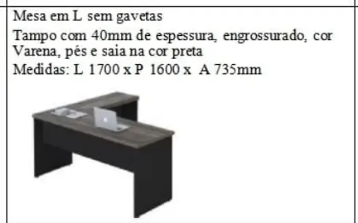 Mesa em L com gavetas,tampo com 40cm de espessura,cor Varena .Medidas:L 1700x1600x A 735mm