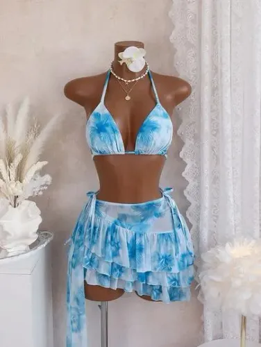 Bellisia 3 Peças Conjunto de Maiô Bikini com Estampa