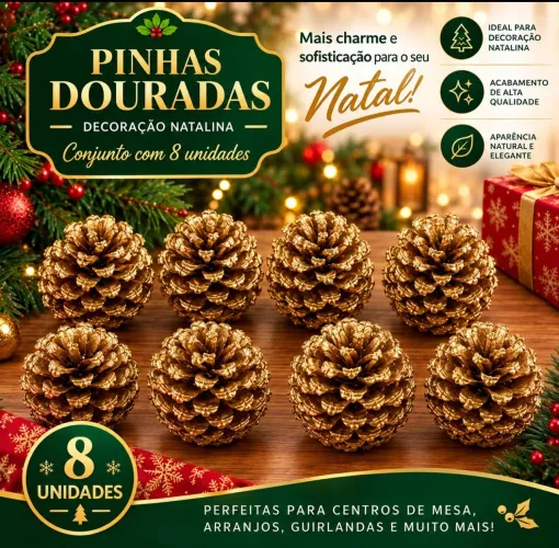 Kit 8 pinhas naturais douradas para decoração de natal
