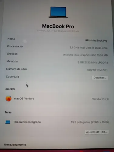 Mc Book Pro 2017, 13inch, 3.1ghz, intel i5, 8G memória, muito novo, excelente máquina!
