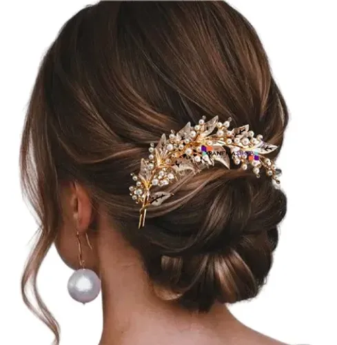Grampo Enfeite de Cabelo Pente - Arranjo de Festa Casamento Noiva - Modelo Folha Pérolas