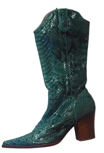 Bota Feminina De Cobra Python - Cano Médio, Bico Fino