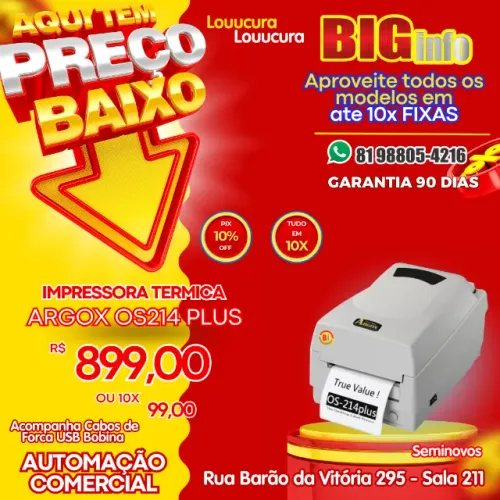 Impressora De Etiquetas Argox OS 214 Plus, 203 DPI, USB - 10x Fixas 