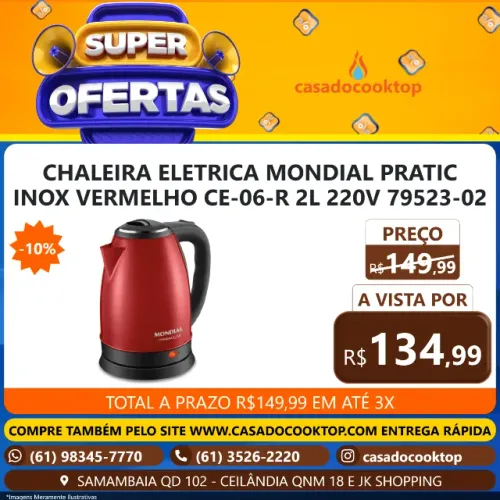 CHALEIRA ELETRICA MONDIAL PRATIC INOX VERMELHO CE-06-R 2L 220V 79523-02