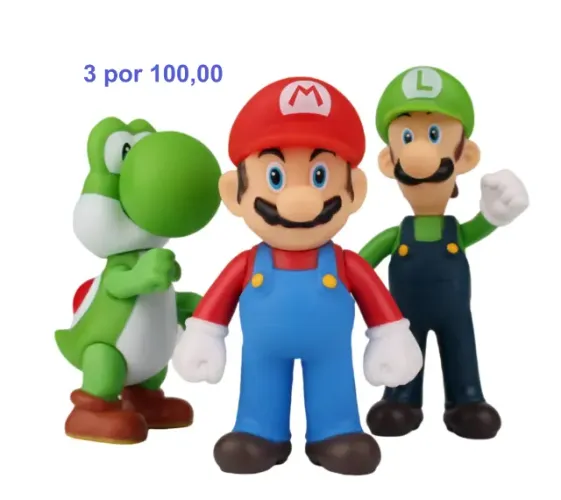 Kit 3 bonecos Mario, luigi e yoshi 100,00 - 14cm
