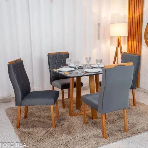 Mesa de Jantar Vidro Grafite/Base Madeira + 4 Cad. Lisboa rf87