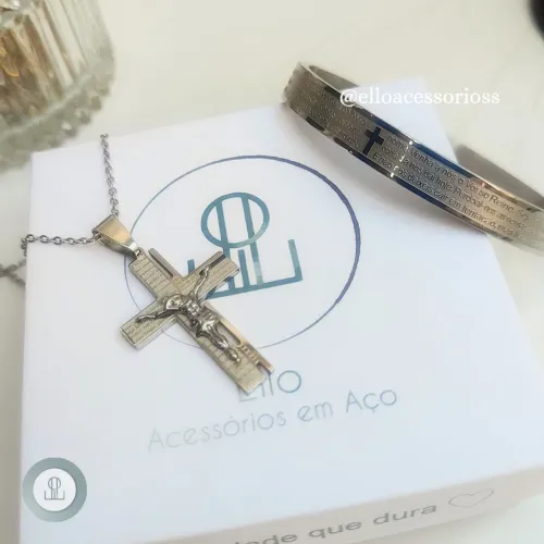 Bracelete masculino + Corrente com pingente cruz