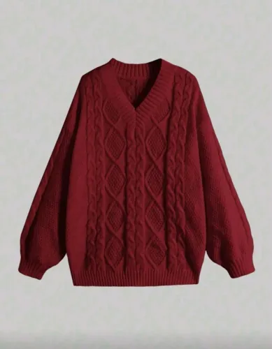 Suéter Tricô Trançado Vinho Decote V M/G Pullover Inverno Casual Novo