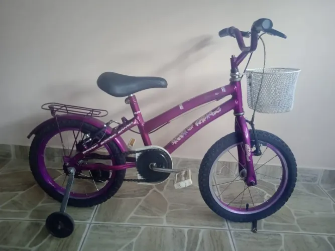 Bicicleta infantil menina aro 16 com rodinha e garupa - Cor roxa