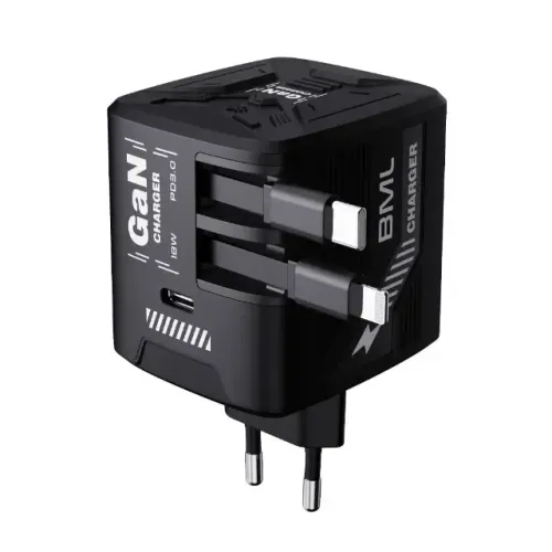 Carregador GaN 120W | 3 Portas (1 USB-C + 2 USB Retráteis)