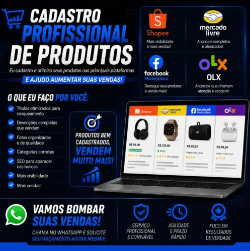 Cadastro Profissional para Shopee, Mercado Livre, Facebook Marketplace e OLX
