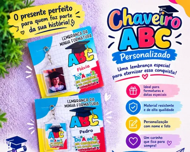 ? Chaveiro ABC Personalizado para Formatura Infantil com Nome e Foto