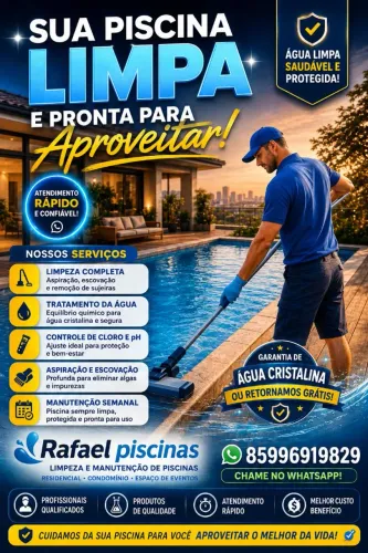 Limpeza de piscinas e manutenção mensal.