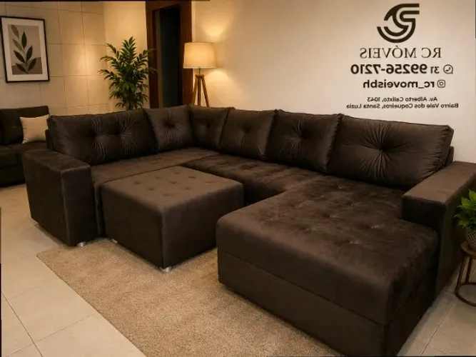 Sofá de canto Grande 3,10m com Chaise e Puff tecido veludo D33 Premium