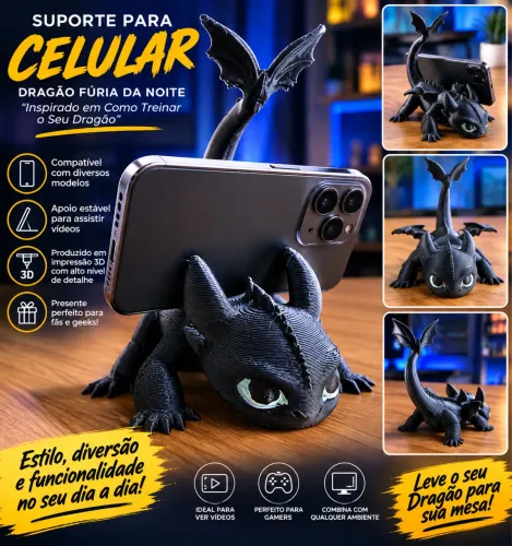 Suporte de Celular Dragão 3D Gamer Decorativo Mesa Escritório