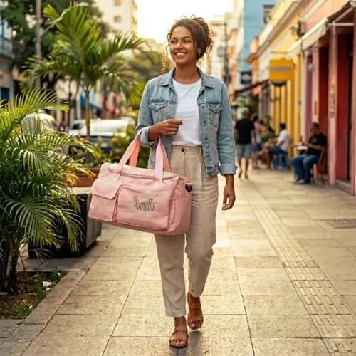 Bolsa Feminina de Maternidade / Viagem Rosa Claro com Alças Duplas - Tamanho Grande