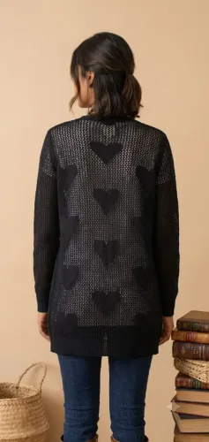 Cardigan/Kimono em Tricot com Detalhe de Corações