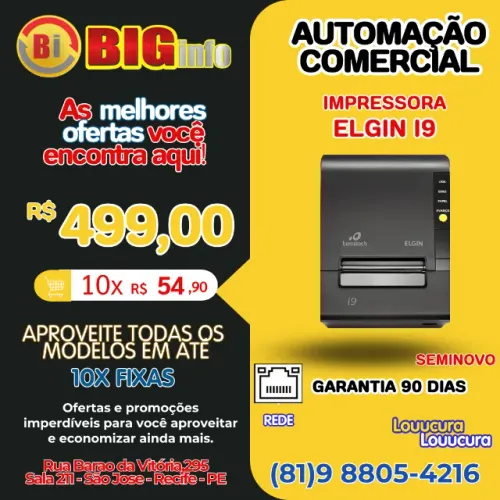 Impressora Termica de Cupom Não Fiscal Elgin i9 (USB/Serial/Ethernet) - Em ate 10x Fixas