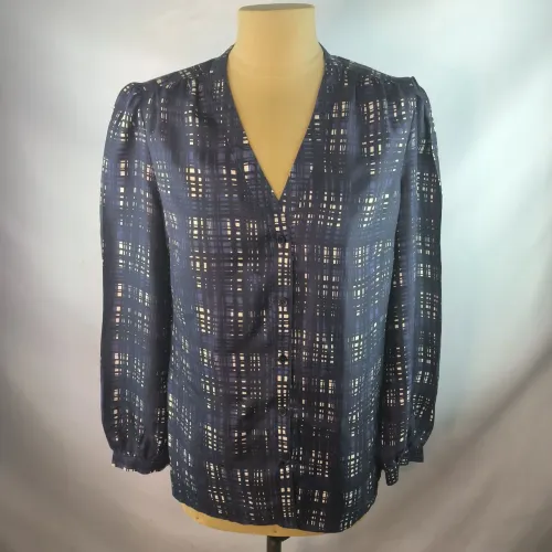 Camisa grife Tory Burch 100% pura seda tamanho G feminina azul marinho 