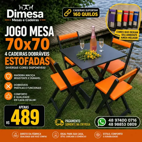 Conjunto estofado 70x70 com 4 cadeiras dobráveis